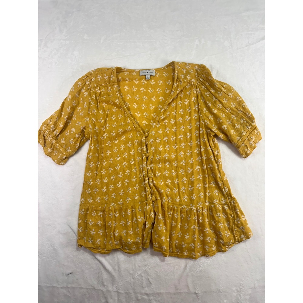 Lucky Brand Peasant Top S Yellow Floral Button Front Peplum Boho Women
